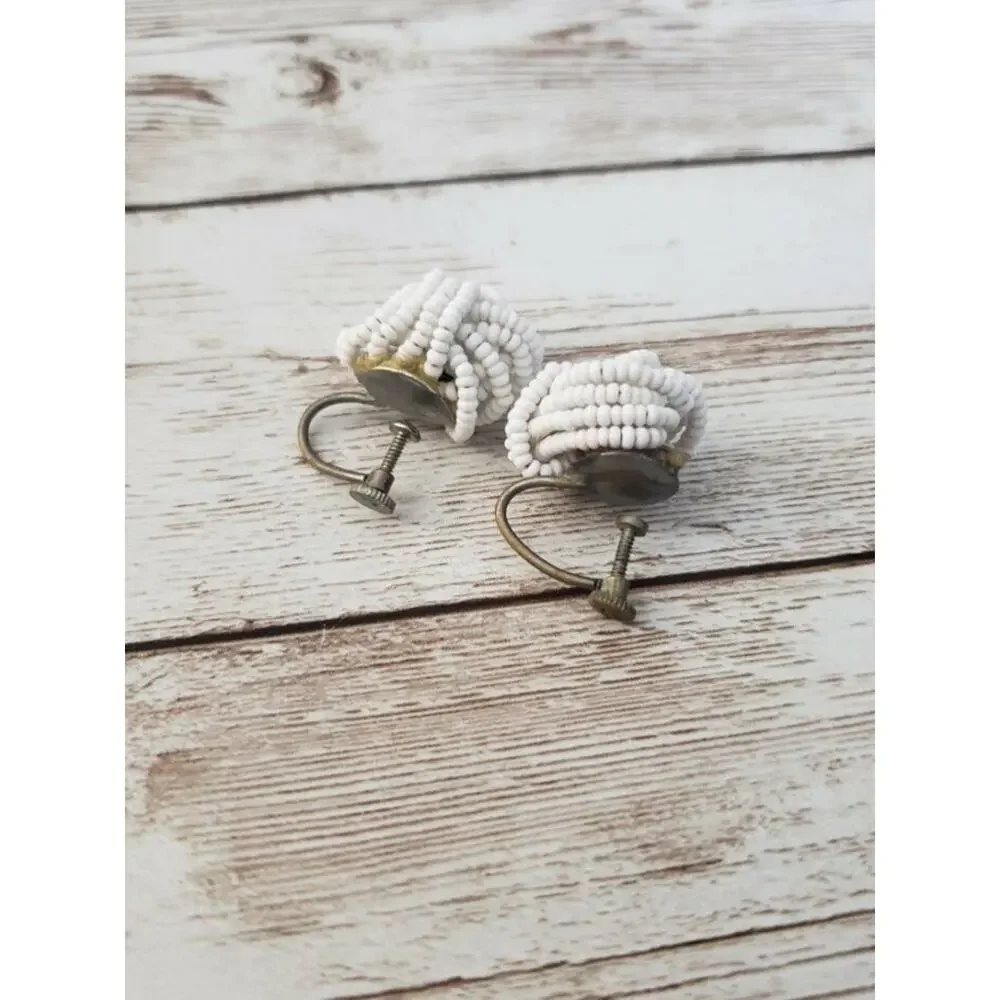 Vintage Screw On / Screw Back Earrings - Beaded White Twist 0.75